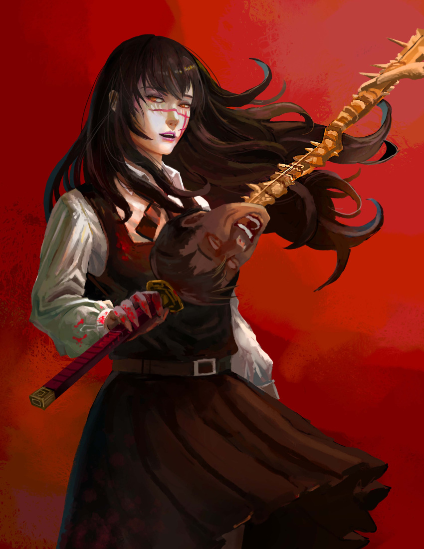 absurdres black_dress black_hair black_ribbon blood blood_on_hands chainsaw_man dress female fourth_east_high_school_uniform highres holding holding_sword holding_weapon long_hair long_sleeves neck_ribbon orange_eyes pinafore_dress red_background ribbon ringed_eyes scar scar_on_cheek scar_on_face school_uniform severed_head shirt sleeveless sleeveless_dress solo spine sword tanaka_(chainsaw_man) weapon white_shirt yanmanxplore yoru_(chainsaw_man)