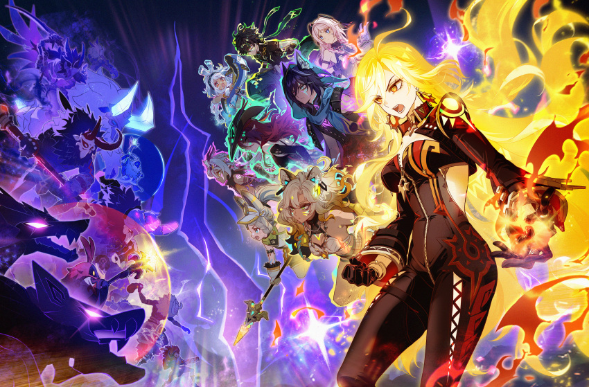 2boys 6+girls absurdres abyss_mage_(genshin_impact) aura black_bikesuit blonde_hair body_markings bodysuit braid breasts chasca_(genshin_impact) citlali_(genshin_impact) cleavage earrings facial_mark fiery_hair fighting_stance genshin_impact gloves glowing hair_between_eyes highres hilichurl_(genshin_impact) iansan_(genshin_impact) jewelry kachina_(genshin_impact) kinich_(genshin_impact) lawachurl long_hair long_sleeves mask mavuika_(genshin_impact) mitachurl_(genshin_impact) monster mualani_(genshin_impact) multicolored_hair multiple_boys multiple_girls official_alternate_hair_color open_mouth orange_eyes orange_hair ororon_(genshin_impact) pink_hair sakon04 twin_braids very_long_hair xilonen_(genshin_impact)