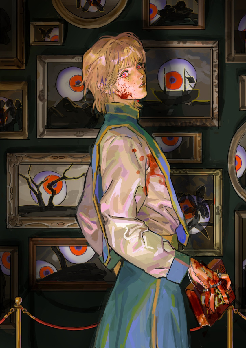 1boy blonde_hair blood blood_on_clothes blood_on_face blood_on_hands blue_tabard book cowboy_shot helium_raven highres holding holding_book hunter_x_hunter indoors jewelry kurapika looking_at_viewer looking_to_the_side male_focus medium_hair multiple_rings painting_(object) parted_lips red_eyes ring shirt solo swept_bangs tabard too_many_eyes white_shirt wide-eyed