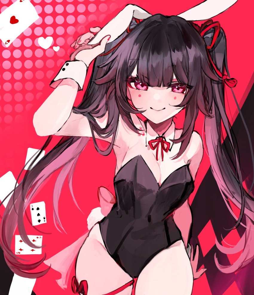 ace_(playing_card) ace_of_hearts animal_ears bare_shoulders black_leotard breasts brown_hair butterfly-shaped_pupils card cleavage detached_collar fake_animal_ears female flower_tattoo heart highres hip_bones honkai:_star_rail honkai_(series) leotard long_hair looking_at_viewer mark_under_both_eyes pink_eyes pink_ribbon playboy_bunny playing_card rabbit_ears red_nails red_rope ribbon rope shinoo0915 smile solo sparkle_(honkai:_star_rail) strapless strapless_leotard symbol-shaped_pupils tattoo twintails very_long_hair wrist_cuffs