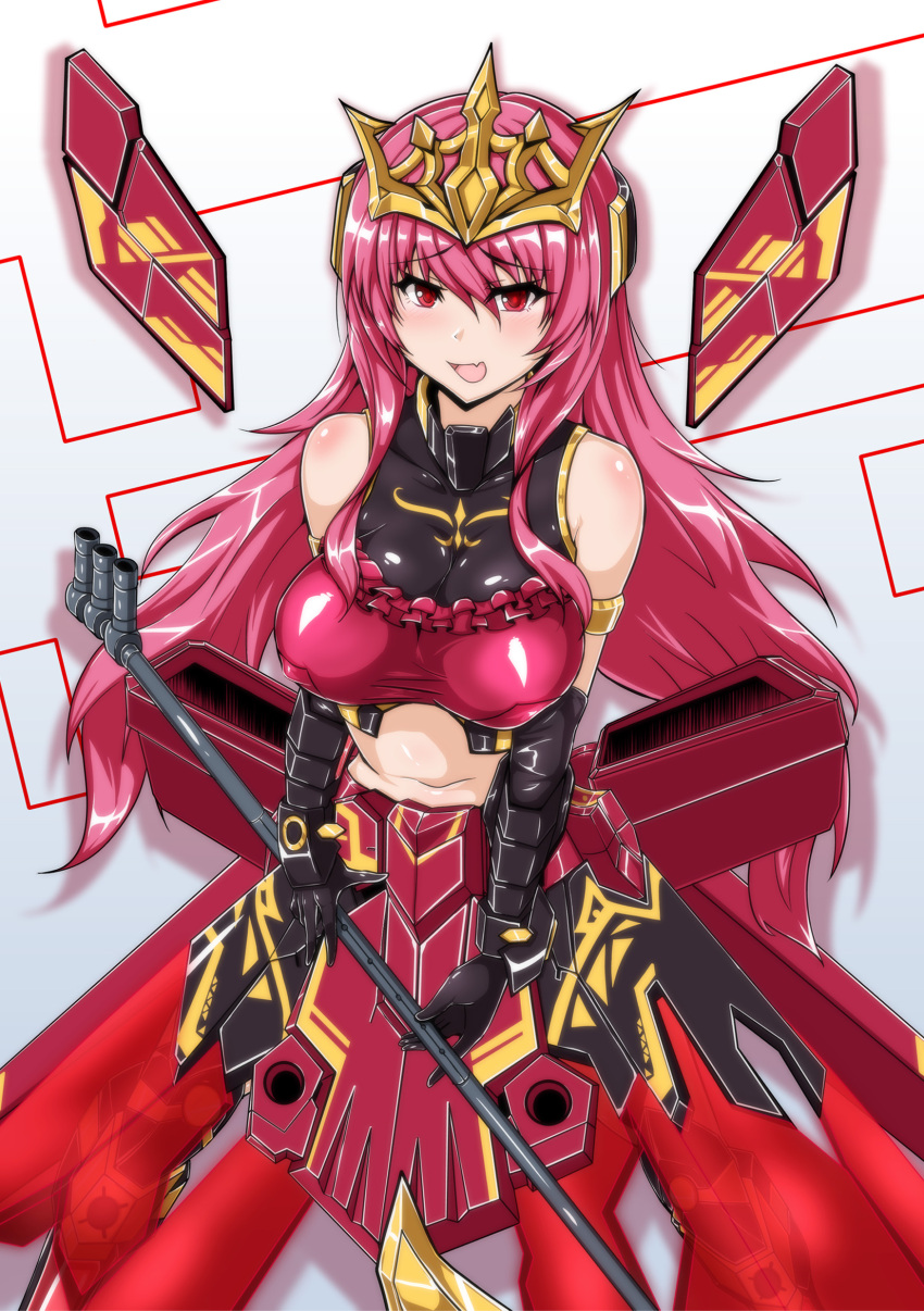 absurdres arm_strap armor armored_dress blush breasts covered_nipples cowboy_shot crop_top durga_(darkness_queen_ver.)_(frame_arms_girl) elbow_gloves female frame_arms_girl gauntlets gloves hair_between_eyes headgear highres holding holding_weapon large_breasts long_hair looking_at_viewer mecha_musume oerba_yun_fang open_mouth pink_hair red_eyes sangyou_haikibutsu_a sidelocks sleeveless smile solo stomach tiara very_long_hair weapon