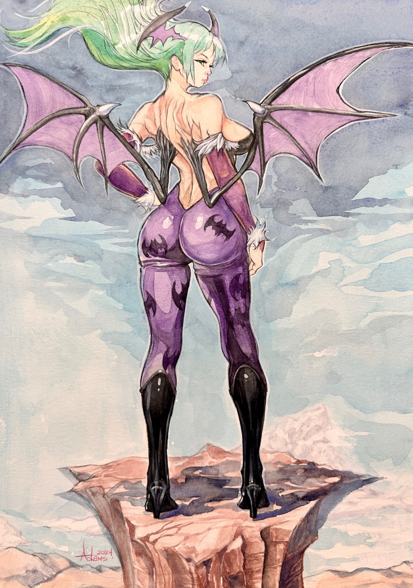 animal_print ass backless_outfit bat_print boots breasts darkstalkers demon_wings female floating_hair from_behind full_body green_hair head_wings high_heel_boots high_heels highres long_hair melonsandcurves morrigan_aensland outdoors painting_(medium) pantyhose purple_pantyhose solo standing traditional_media watercolor_(medium) wings