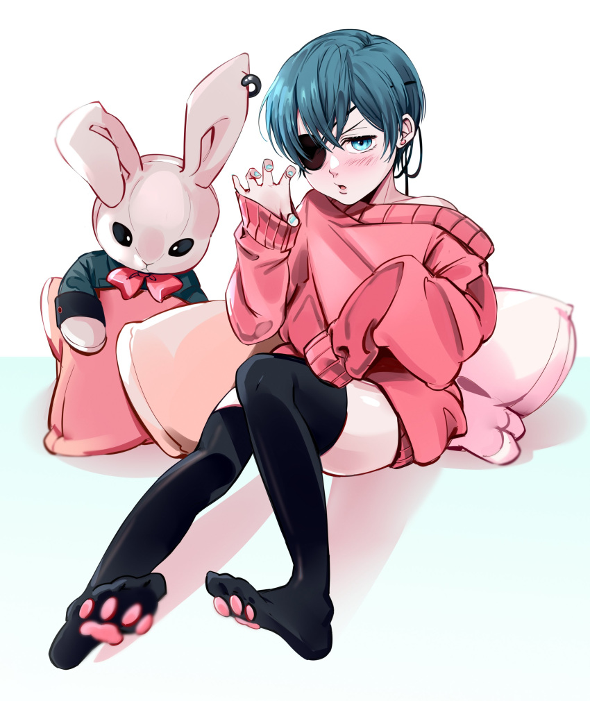 1boy absurdres aqua_nails bishounen black_thighhighs blue_eyes blush ciel_phantomhive earrings english_commentary eyepatch highres jewelry kuroshitsuji looking_at_viewer male_focus open_mouth paw_pose pink_sweater short_hair shoulder_peek simple_background sitting sleeves_past_fingers sleeves_past_wrists solo stuffed_animal stuffed_rabbit stuffed_toy sweater thighhighs thighs uneasywolf white_background