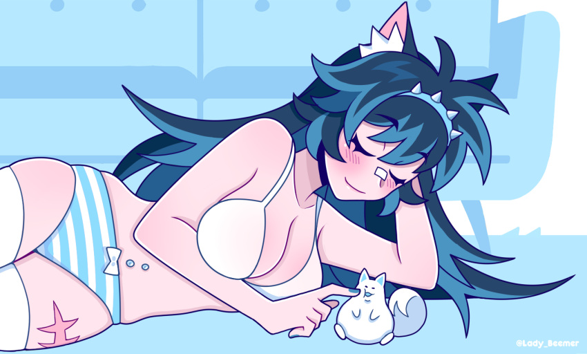 animal_ear_fluff animal_ears arm_support artist_name bandaid bandaid_on_face bandaid_on_nose blue_hair blue_hairband blue_nails blue_panties blue_theme blush bow bow_panties bra breasts closed_eyes coach collarbone commentary dog_ears dog_girl english_commentary female hairband indie_virtual_youtuber lady_beemer lady_beemer_(vtuber) large_breasts long_hair lying nail_polish navel_piercing on_floor on_side panties piercing spiked_hairband spikes striped_clothes striped_panties thighhighs two-tone_panties underwear underwear_only virtual_youtuber white_bra white_panties white_thighhighs