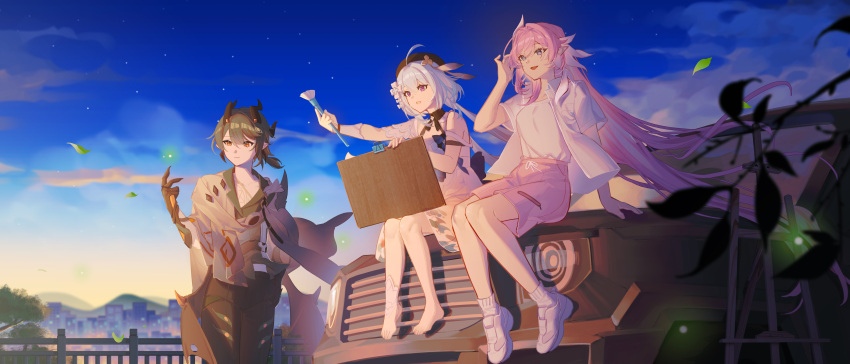 1boy 2girls absurdres ahoge alternate_costume bare_legs bare_shoulders barefoot black_horns black_pants blue_eyes blue_hat blue_sky canvas_(object) car chest_tattoo chinese_commentary cityscape collarbone collared_jacket commentary_request dress elysia_(honkai_impact) green_hair green_shirt grey_jacket griseo hair_between_eyes hair_ornament hand_in_pocket hand_up hat highres holding holding_paintbrush honkai_(series) honkai_impact_3rd horns jacket kosma legs long_hair looking_ahead motor_vehicle multiple_girls on_car open_clothes open_jacket open_mouth outdoors paintbrush pants pink_hair pink_pupils pink_shorts pointy_ears purple_eyes sang_sha shirt shoes shorts sitting sky smile sneakers strap_slip tattoo toes very_long_hair white_dress white_footwear white_jacket white_shirt