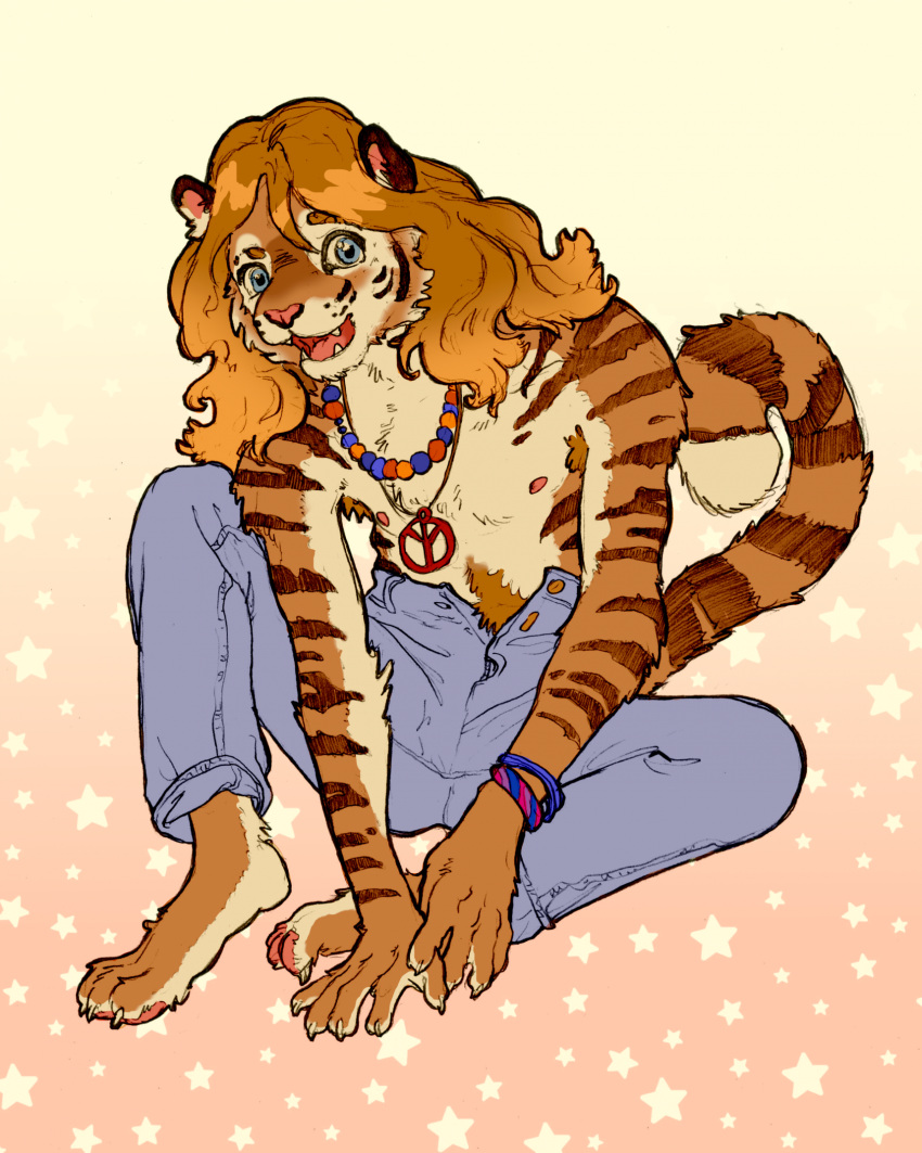 alternative_fashion anthro bisexual blue_eyes bottomwear clothing feet felid female hair hi_res hippie jewelry long_hair male mammal nipples pantherine pants pink_nose sammy_(t0mbak) slim smile solo stripes t0mbak tail tiger