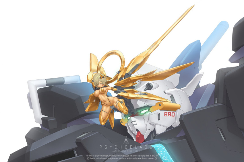 blonde_hair breasts closed_eyes commentary elbow_gloves english_commentary english_text female gloves gundam headgear highres joints large_breasts mecha restrained revealing_clothes robot robot_joints short_hair stationary_restraints thighhighs v-fin wdy1000 weapon white_background