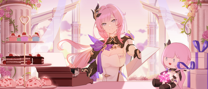 absurdres black_shrug blue_eyes breasts cake character_doll chinese_commentary commentary_request elysia_(honkai_impact) envelope female food food_request hair_ornament highres holding holding_envelope honkai_(series) honkai_impact_3rd large_breasts looking_at_viewer pink_hair pink_pupils pointy_ears sang_sha shrug_(clothing) smile solo upper_body