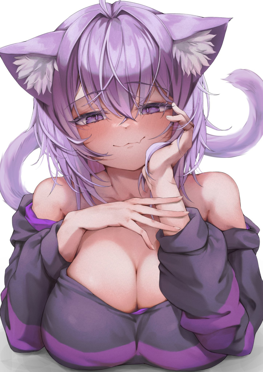 animal_ear_fluff animal_ears blush breast_rest breasts breasts_on_table cat_ears cat_girl cat_tail cleavage clothes_lift female hair_between_eyes highres hololive hood hoodie hoodie_lift large_breasts looking_at_viewer medium_hair nekomata_okayu nekomata_okayu_(1st_costume) nekomata_okayu_(wonderland) official_alternate_costume onigiri_print purple_eyes purple_hair shirt skirt solo tail tooya0923 virtual_youtuber zipper_skirt