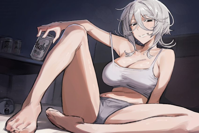 absurdres asahi_breweries bare_shoulders beer_can blush breasts camisole can cleavage drink_can drunk female grey_hair grey_panties hair_between_eyes highres holding holding_can indoors large_breasts leg_up long_hair_between_eyes looking_at_viewer medium_hair mole mole_on_stomach original panties sitting solo spaghetti_strap strap_slip table underwear wabuwabu_05 white_camisole wolf_cut