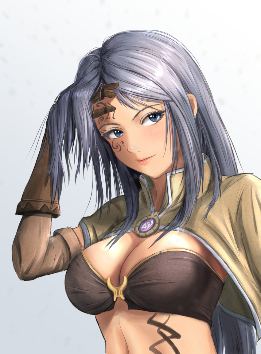 absurdres bikini bikini_top_only blue_eyes blush breasts brown_bikini brown_capelet brown_gloves capelet cleavage closed_mouth commentary_request elbow_gloves facial_tattoo female gloves grey_background grey_hair hand_in_own_hair hgus5855 highres lips long_hair looking_at_viewer mage_(ragnarok_online) medium_breasts purple_brooch ragnarok_online smile solo stomach_tattoo swimsuit tattoo upper_body