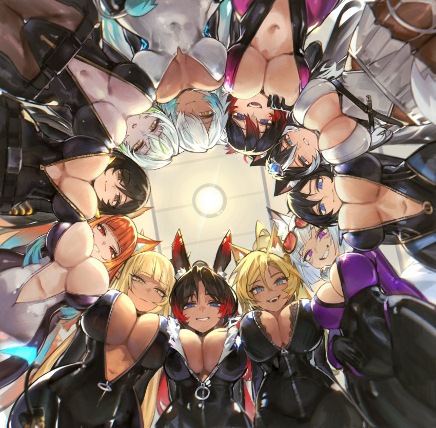 6+girls absurdres animal_ears black_bodysuit black_hair blonde_hair blue_eyes bodysuit breasts brown_eyes brown_hair catsuit circle_formation cleavage commission commissioner_upload from_below full_body grin hair_over_one_eye highres kirih_shiraishi_(sword_scream) large_breasts long_hair looking_at_viewer lucadark_art multicolored_hair multiple_girls myria_loussier_(salverion) orange_hair original partially_unzipped ponytail purple_eyes red_eyes smile triangle white_hair yellow_eyes