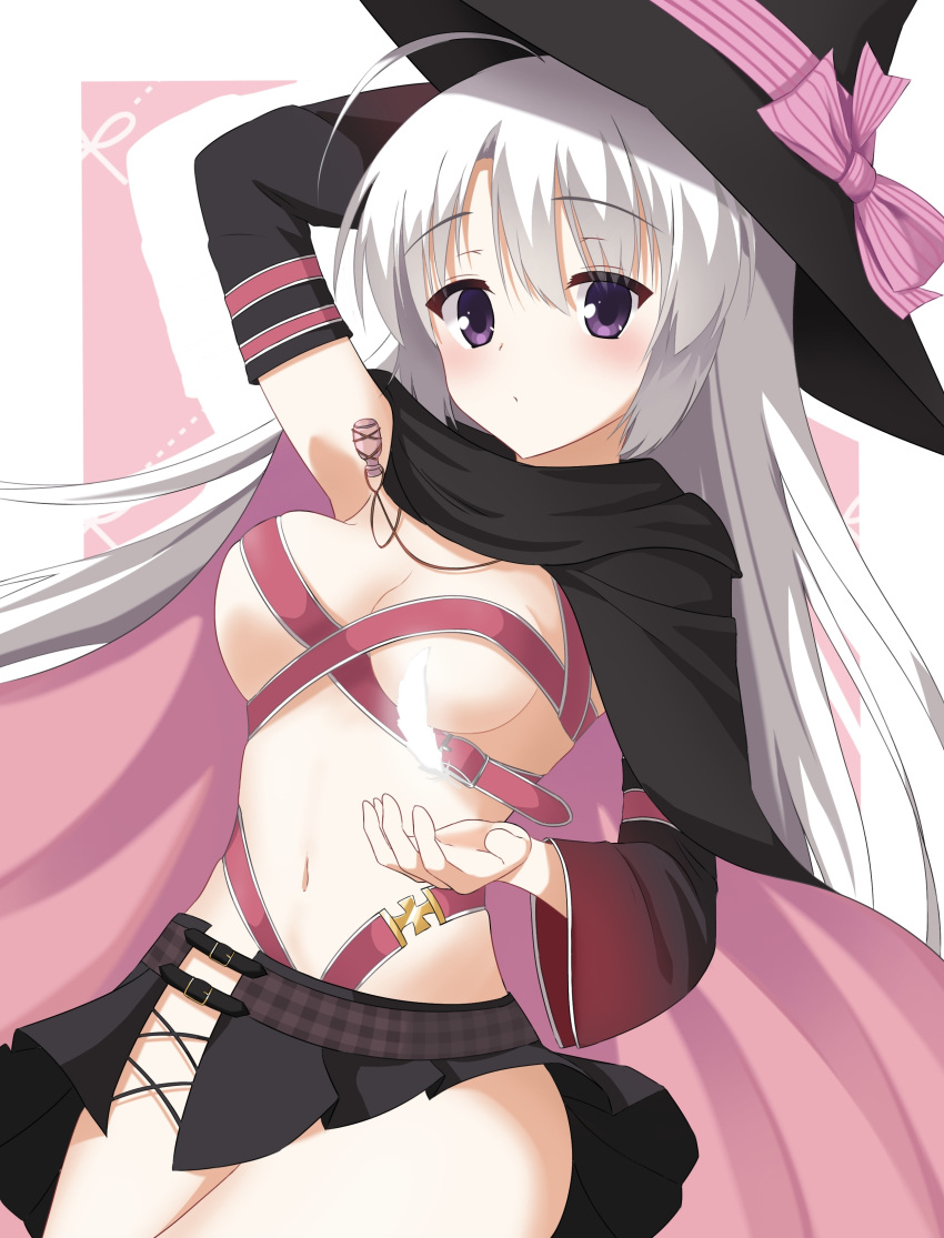 1230_mochi absurdres ahoge arm_up ayachi_nene belt belt_bra black_cape black_hat black_skirt blush border breasts cape capelet cleavage closed_mouth commentary_request cowboy_shot curvy detached_sleeves eyes_visible_through_hair feathers female grey_hair hair_between_eyes hand_up hat highres long_hair long_sleeves looking_at_viewer medium_breasts miniskirt navel outside_border pink_background pink_belt pink_capelet pleated_skirt purple_eyes sanoba_witch simple_background skirt solo two-sided_cape two-sided_fabric very_long_hair white_border white_feathers wide_sleeves witch witch_hat