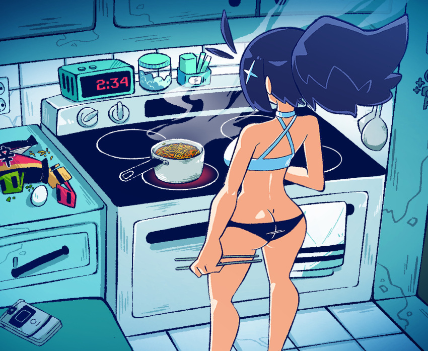 3rf ahoge ass black_hair black_panties bra cellphone chopsticks clock commentary detached_ahoge egg english_commentary female flip_phone food from_behind high_ponytail holding holding_chopsticks kitchen noodles original panties phone ramen standing steam tile_floor tile_wall tiles towel underwear underwear_only white_bra