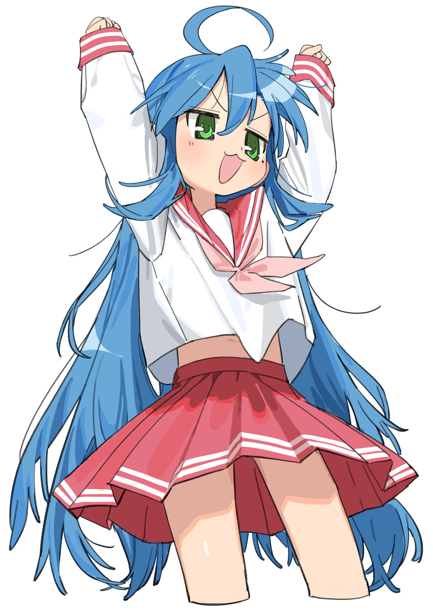 absurdres ahoge arms_up blue_hair green_eyes hair_between_eyes haruyuki_(gffewuoutgblubh) highres izumi_konata long_hair long_sleeves lucky_star midriff mole mole_under_eye navel neckerchief open_mouth pink_neckerchief pleated_skirt red_sailor_collar red_skirt ryouou_school_uniform sailor_collar school_uniform serafuku shirt skirt solo very_long_hair white_shirt