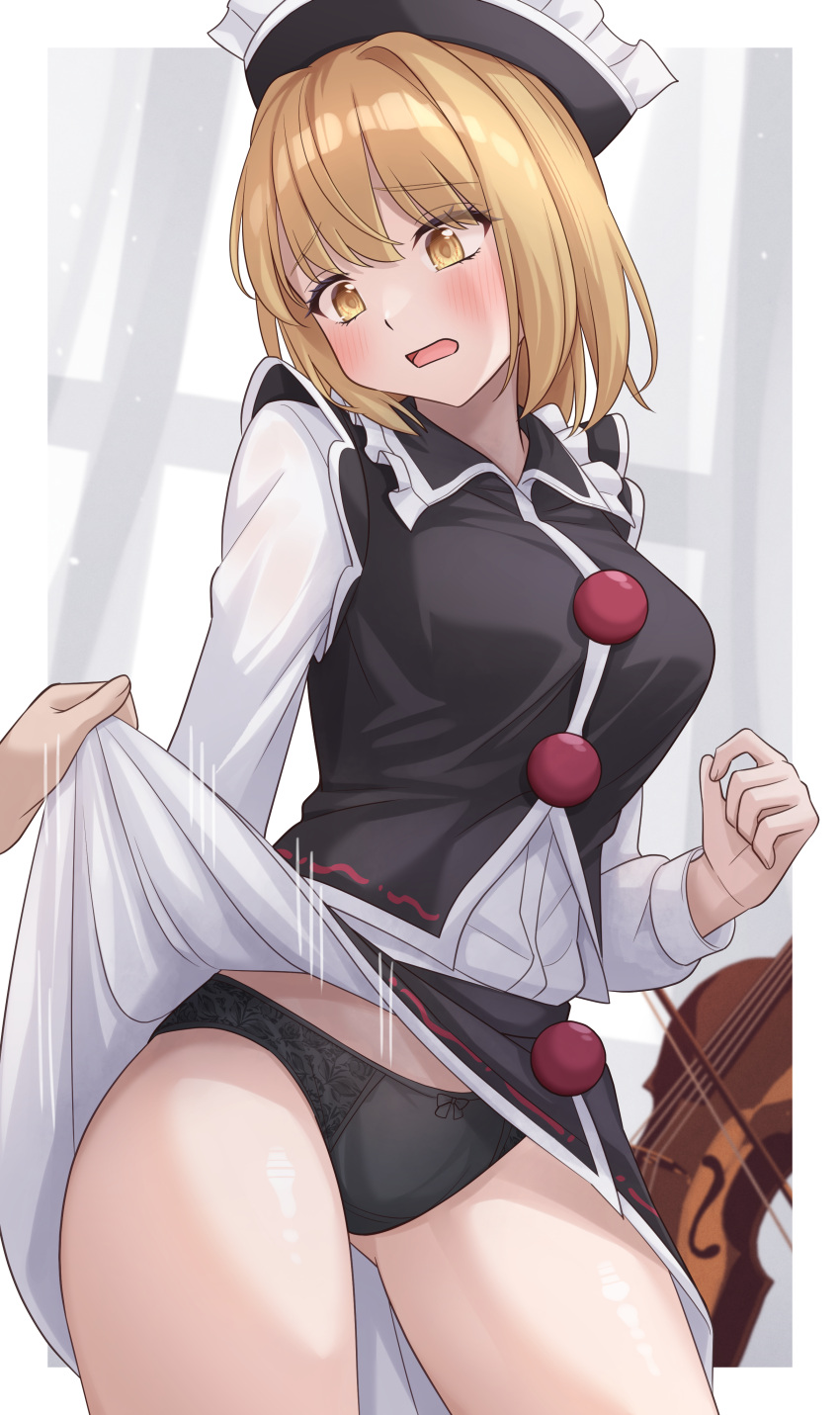 absurdres arm_behind_back black_panties black_skirt black_vest blonde_hair breasts clothes_lift commentary_request commission embarrassed facing_viewer female hair_between_eyes hand_up hat highres lifting_another's_clothes long_sleeves looking_down lunasa_prismriver medium_breasts medium_hair miniskirt panties pixiv_commission ramie_(ramie541) shirt skirt skirt_lift solo surprised thighs touhou underwear vest white_shirt yellow_eyes