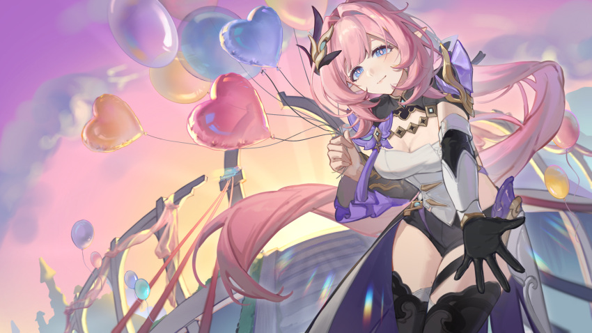 balloon black_footwear black_gloves black_shorts blue_eyes breasts chinese_commentary cleavage commentary_request corset elf elysia_(honkai_impact) elysia_(miss_pink_elf)_(honkai_impact) female from_below gloves gradient_sky heart_balloon highres holding holding_balloon honkai_(series) honkai_impact_3rd long_hair looking_at_viewer medium_breasts pink_hair pointy_ears procreate_(medium) reaching reaching_towards_viewer seawave02974 short_shorts shorts single_glove sky solo thighs white_corset zettai_ryouiki