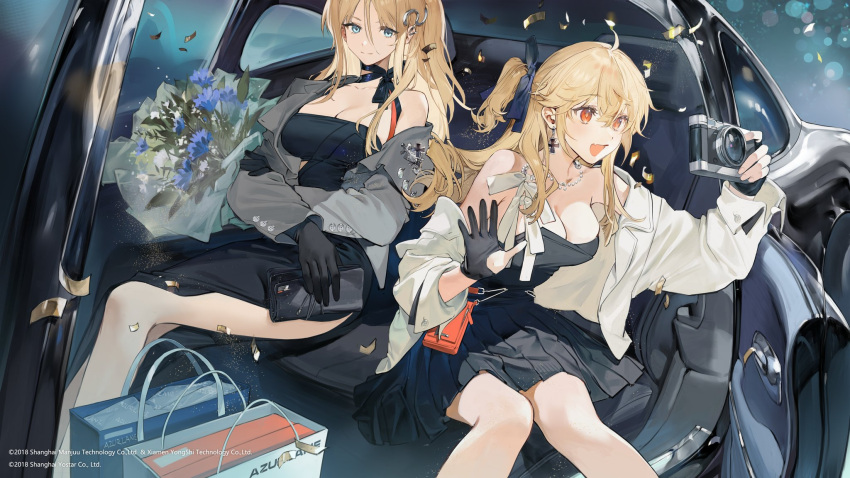 2girls alternate_costume azur_lane bag bare_shoulders bismarck_(azur_lane) black_gloves blonde_hair blue_eyes blue_flower bluecher_(azur_lane) bouquet breasts camera car_interior cleavage cross dress earrings flower gloves hair_between_eyes highres holding holding_bouquet holding_camera iron_cross jacket jewelry kurumi_(recycllamo) long_sleeves multiple_girls open_door partially_fingerless_gloves pleated_dress red_eyes shopping_bag sitting white_jacket