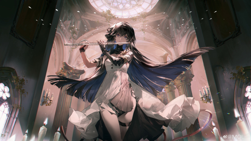 absurdres black_hair blue_hair candle female flute hair_between_eyes highres holding indoors instrument long_hair looking_at_viewer mol-- music official_art pillar playing_instrument prosthesis prosthetic_arm punishing:_gray_raven selena:_capriccio_(pgr) selena_(pgr) smile solo thigh_strap weibo_logo weibo_watermark