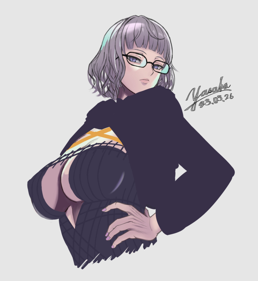 black_dress black_jacket blue_eyes breasts cleavage cropped_jacket dress fate/grand_order fate_(series) female glasses grey_hair highres hood hooded_jacket jacket jacques_de_molay_(foreigner)_(fate) jacques_de_molay_(foreigner)_(second_ascension)_(fate) large_breasts long_sleeves looking_at_viewer open_clothes open_jacket short_hair solo yasakalv1