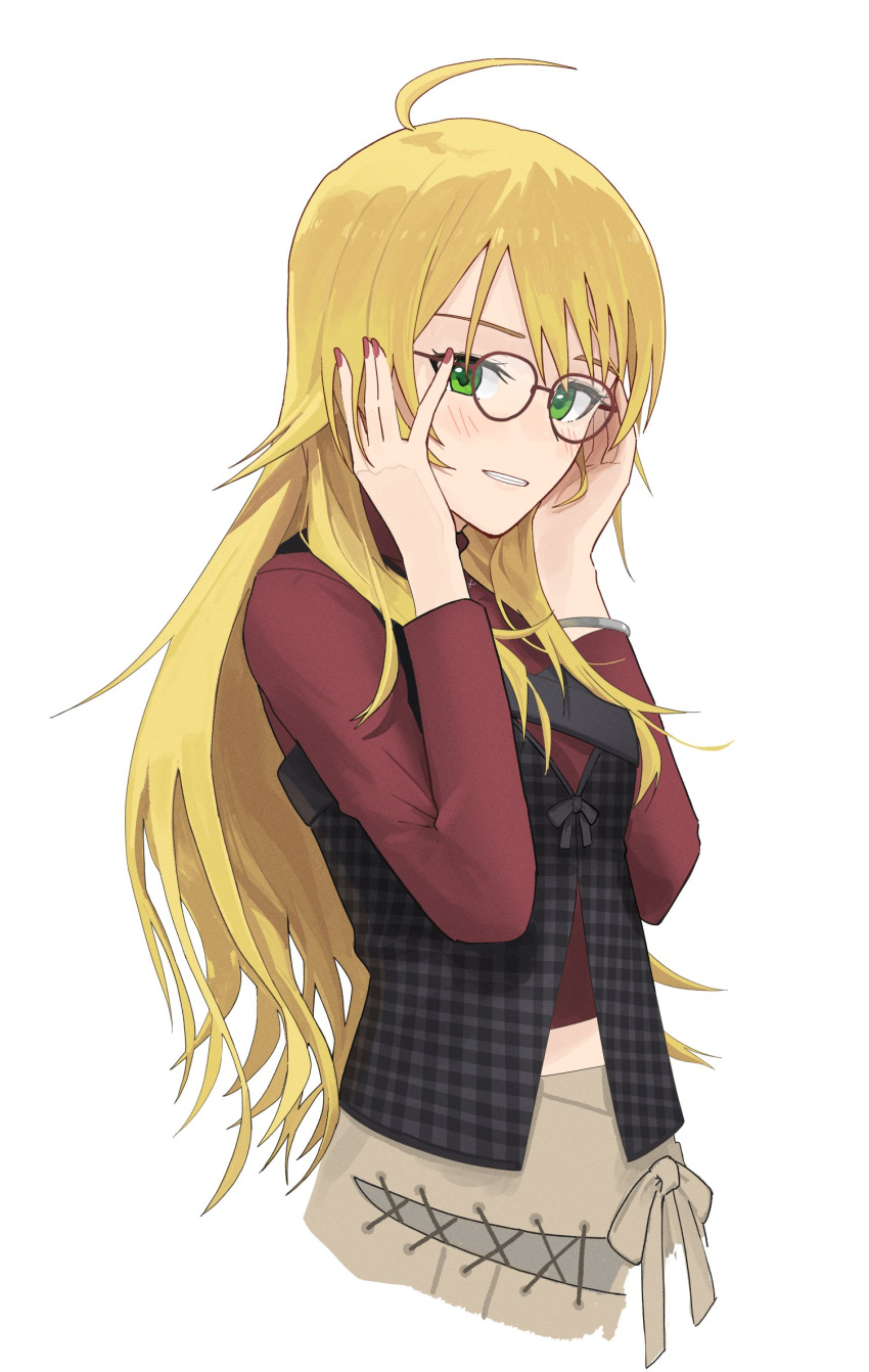 antenna_hair blonde_hair blush bow bracelet epitaph_(1122) female glasses green_eyes hands_on_own_head highres hoshii_miki idolmaster idolmaster_(classic) jewelry long_hair looking_at_viewer midriff nail_polish red_shirt shirt simple_background skirt smile solo stitches vest