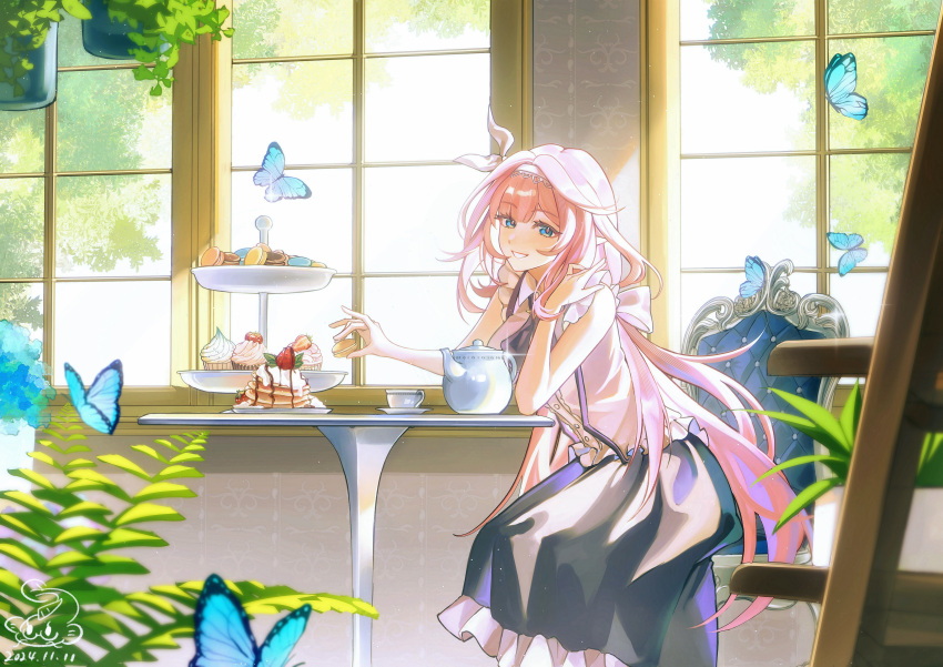 absurdres blue_butterfly blue_dress blue_eyes bug butterfly cake commentary_request cookie dress elf elysia_(coco)_(honkai_impact) elysia_(honkai_impact) female food gangsi_qiu_nianyu_jing hairband highres holding holding_cookie holding_food honkai_(series) honkai_impact_3rd indoors long_hair looking_at_viewer official_alternate_costume on_chair parted_lips pink_hair pointy_ears revision sitting smile solo table teapot white_hairband window