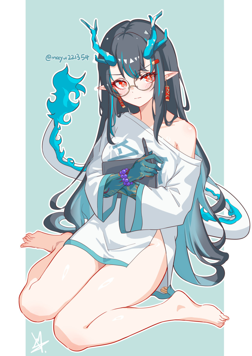 absurdres alternate_costume aqua_background arknights barefoot bead_bracelet beads black_hair blue_skin bracelet breasts closed_mouth colored_skin commentary_request dragon_girl dragon_horns dusk_(arknights) female glasses highres holding holding_pen horns jewelry lolifreak long_hair looking_at_viewer medium_breasts off_shoulder pen pointy_ears red_eyes round_eyewear shirt sitting solo thighs toes two-tone_background white_background white_shirt