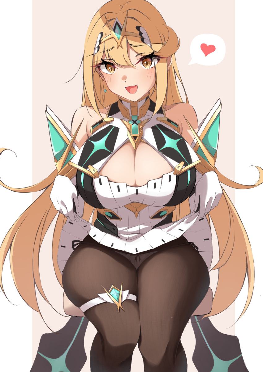 absurdres arm_guards bare_shoulders black_pantyhose blonde_hair blush breasts chest_jewel cleavage_cutout clothes_lift clothing_cutout dress dress_lift earrings elbow_gloves female floating_earring gloves heart highres jewelry large_breasts long_hair microdress mikan_(mika_n95) mythra_(massive_melee)_(xenoblade) mythra_(xenoblade) neon_trim pantyhose raised_eyebrows sleeveless sleeveless_dress solo spoken_heart super_smash_bros. swept_bangs thigh_strap tiara very_long_hair white_dress white_gloves xenoblade_chronicles_(series) xenoblade_chronicles_2 yellow_eyes