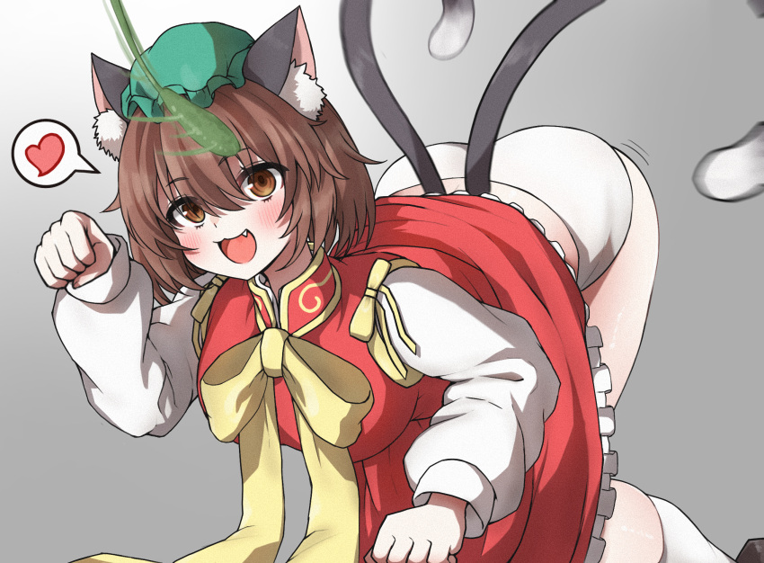 :3 :d all_fours animal_ear_fluff animal_ears bow bowtie breasts brown_eyes brown_hair cat_ears cat_tail chen dress female gold_trim gradient_background grey_background hair_between_eyes hand_up happy hat heart highres large_breasts mob_cap multiple_tails nagyiiie oerba_yun_fang open_mouth panties paw_pose petticoat playing red_dress short_hair simple_background smile solo spoken_heart tail touhou two_tails underwear wardrobe_malfunction white_panties yellow_bow yellow_bowtie