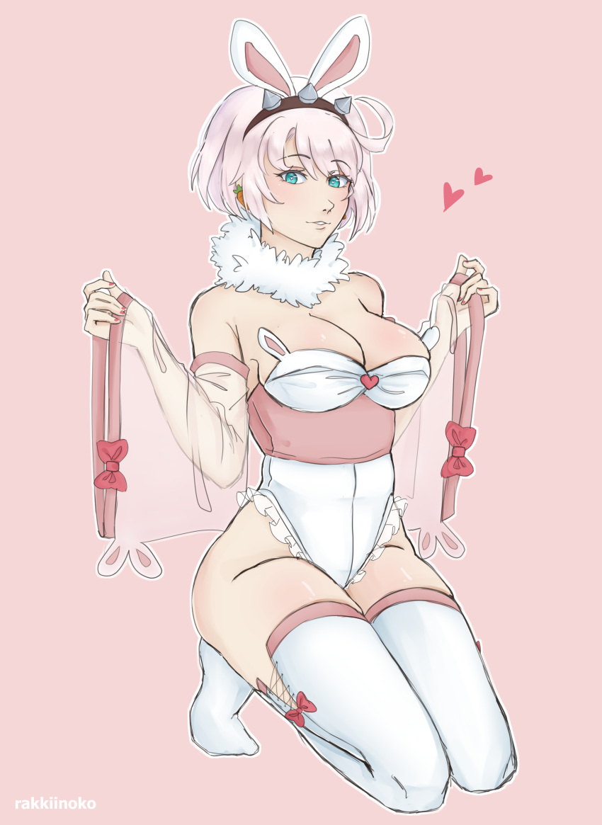 absurdres animal_ears aqua_eyes artist_name bow bow_legwear breasts carrot_earrings commentary detached_collar detached_sleeves earrings elphelt_valentine english_commentary fake_animal_ears female food-themed_earrings full_body fur_collar guilty_gear guilty_gear_strive hairband heart highres jewelry kneeling leotard nontraditional_playboy_bunny obi parted_lips pink_background pink_hair pink_sash pink_theme rabbit_ears rakkiinoko red_bow sash see-through_clothes see-through_sleeves simple_background sleeve_bow solo spiked_hairband spikes strapless strapless_leotard thighhighs thighs wa_bunny white_leotard white_thighhighs