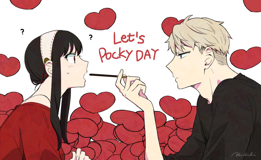 1boy absurdres akdk831 bare_shoulders black_hair blonde_hair blush breasts couple dress earrings female food gold_earrings hair_ornament hairband highres holding holding_food holding_pocky husband_and_wife jewelry long_hair long_sleeves open_mouth pocky pocky_day shirt short_hair sidelocks spy_x_family straight twilight_(spy_x_family) twitter_username white_background yor_briar