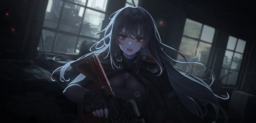 ar-15 black_bodysuit black_hair black_jacket blurry blurry_background bodysuit breasts character_request commentary_request day depth_of_field female gun hair_between_eyes hair_ornament hairclip highres holding holding_gun holding_weapon indoors jacket korean_commentary large_breasts long_hair looking_at_viewer mecha_(alswp) official_art open_mouth overcloud red_eyes rifle scope solo teeth upper_teeth_only very_long_hair weapon window