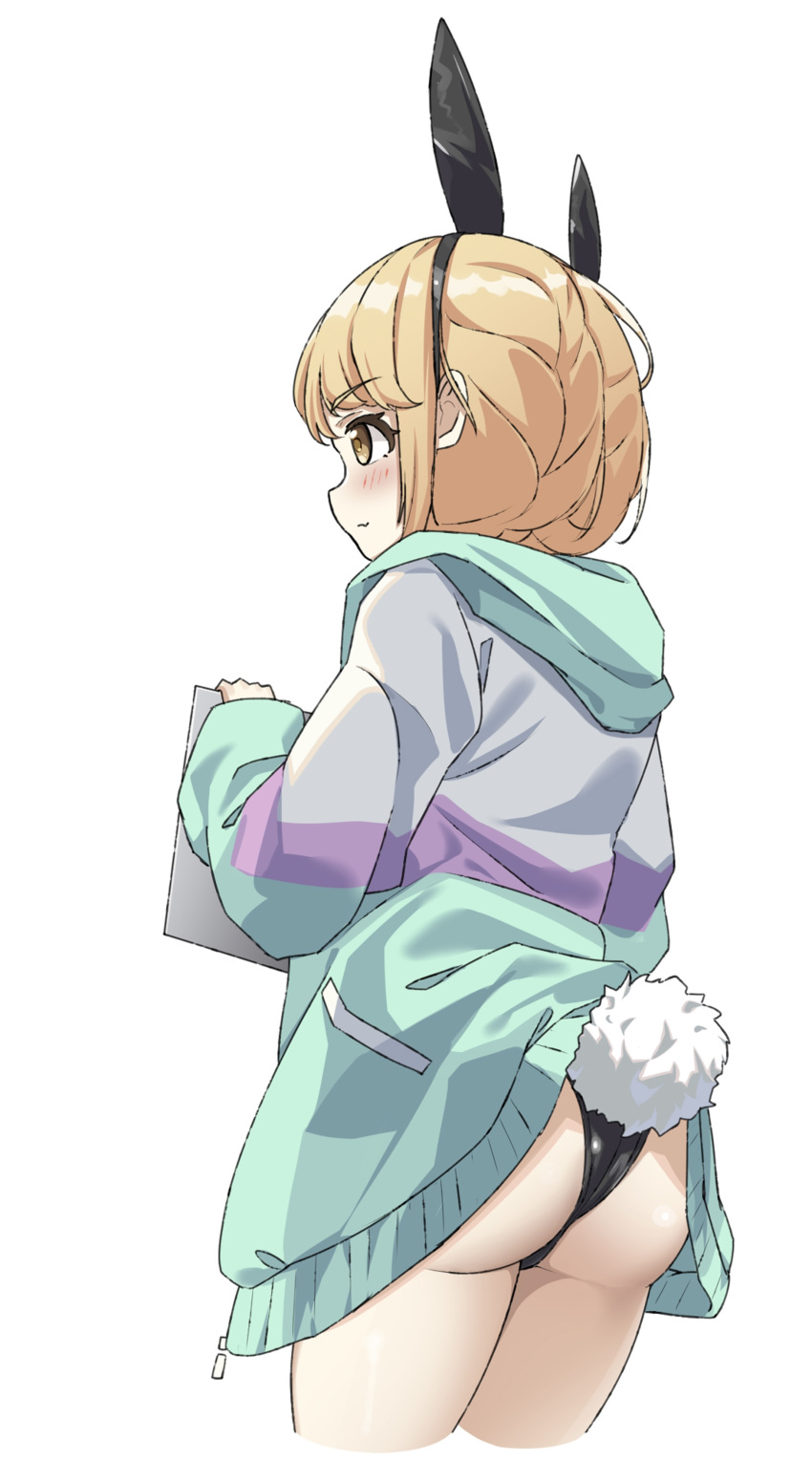 absurdres animal_ear_hairband animal_ears ass black_leotard blonde_hair blush bow bowtie braid closed_mouth cropped_legs eyelashes fake_animal_ears fake_tail female from_behind fujita_kotone gakuen_idolmaster hairband highres holding holding_sign hood hooded_jacket idolmaster jacket leotard long_hair looking_ahead multicolored_clothes multicolored_jacket onejio playboy_bunny pocket rabbit_ear_hairband rabbit_ears sign simple_background tail translation_request twin_braids wavy_mouth white_background yellow_eyes zipper_pull_tab