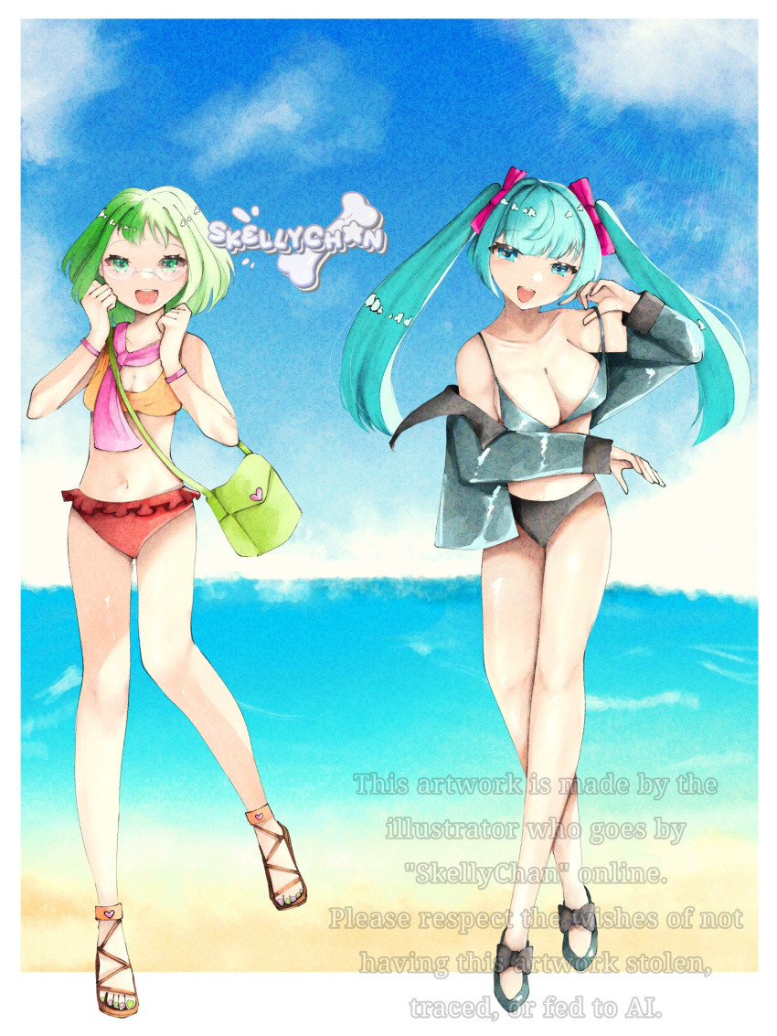 2girls ageha_glow_(vocaloid) aqua_eyes aqua_hair artist_name bag beach bikini black_bikini black_bow blue_bikini blue_jacket blue_sky border bow bracelet breasts cleavage clenched_hands cloud collarbone footwear_bow green_bag green_eyes green_hair gumi hair_ornament hairbow half-closed_eyes hatsune_miku heart heart_print highres jacket jewelry multiple_girls nail_polish navel orange_bikini pink_bow pink_scarf print_bag red_bikini removing_jacket sand sandals scarf semi-rimless_eyewear signature skellychan sky swimsuit teeth toenail_polish toenails twintails under-rim_eyewear upper_teeth_only vocaloid water white_border