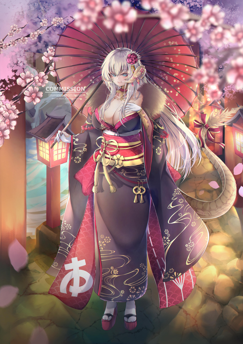 absurdres akagi_(azur_lane) akagi_(azur_lane)_(cosplay) akagi_(plum_and_snow)_(azur_lane) azur_lane black_kimono blue_eyes breasts brown_kimono cherry_blossoms cleavage commission cosplay dragon_tail falling_petals female flower full_body fur-trimmed_kimono fur_trim gloves hair_flower hair_ornament highres japanese_clothes kimono large_breasts long_hair oil-paper_umbrella original petals pink_flower red_flower shiroyuki_(shiroyuki003) socks solo tail umbrella very_long_hair white_gloves white_hair white_socks