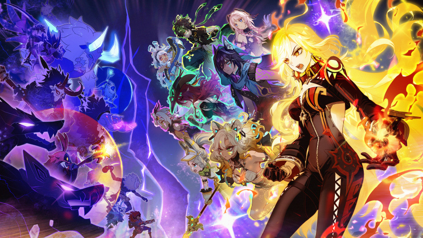 2boys 6+girls absurdres abyss_mage_(genshin_impact) aura black_bikesuit blonde_hair body_markings bodysuit braid breasts chasca_(genshin_impact) citlali_(genshin_impact) cleavage earrings facial_mark fiery_hair fighting_stance genshin_impact gloves glowing hair_between_eyes highres hilichurl_(genshin_impact) iansan_(genshin_impact) jewelry kachina_(genshin_impact) kinich_(genshin_impact) lawachurl long_hair long_sleeves mask mavuika_(genshin_impact) mitachurl_(genshin_impact) monster mualani_(genshin_impact) multicolored_hair multiple_boys multiple_girls official_alternate_hair_color open_mouth orange_eyes orange_hair ororon_(genshin_impact) pink_hair sakon04 twin_braids very_long_hair xilonen_(genshin_impact)