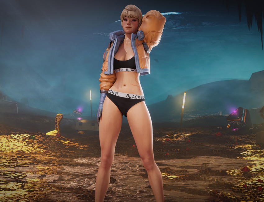 1girls 3d apex_legends blacked blacked_clothing blonde_female blonde_hair cleavage currysfm female female_only hips jacket light-skinned_female light_skin looking_at_viewer posing scar solo sports_bra wattson_(apex_legends)