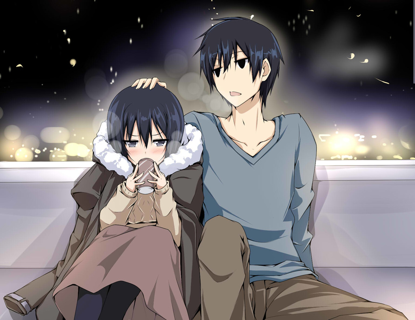 1boy black_hair blush breath brother_and_sister can commentary_request drinking female fur_trim hand_on_another's_head jacket joukamachi_no_dandelion long_sleeves maroyaka_(masapoko23) open_mouth pants pantyhose sakurada_kanade sakurada_shuu short_hair siblings