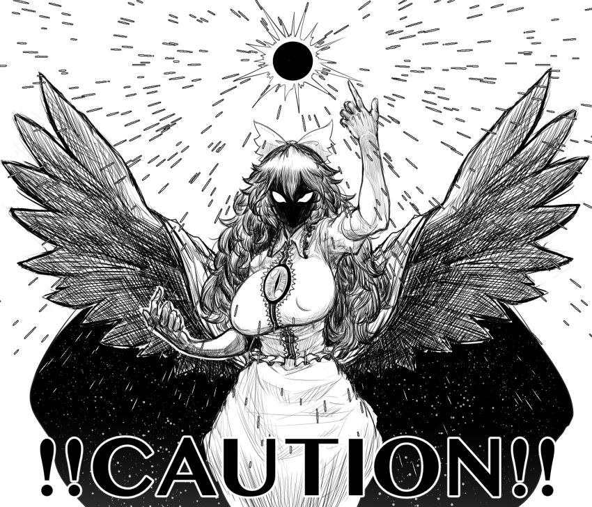 ! !! arm_up bare_arms bird_wings blank_eyes bow breasts cape caution collared_shirt commentary_request covered_nipples cowboy_shot energy exabyte_(parallax05) faceless female frilled_shirt frills greyscale hair_between_eyes hairbow hand_up highres impossible_clothes impossible_shirt index_finger_raised korean_commentary large_breasts long_hair looking_at_viewer monochrome partial_commentary reiuji_utsuho shirt short_sleeves skirt slit_pupils solo spread_wings starry_sky_print third_eye touhou v-shaped_eyes wings