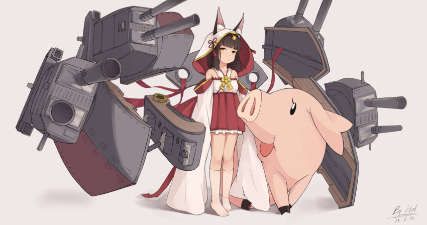 1boy animal_ears artist_name azur_lane bare_shoulders blunt_bangs brown_hair commentary crossover dated detached_sleeves dress female fox_ears full_body hawk_(nanatsu_no_taizai) highres koebushi_(mat) kuno_misaki long_hair long_sleeves looking_at_viewer machinery nagato_(azur_lane) nanatsu_no_taizai open_mouth parted_lips pig red_ribbon ribbon short_dress simple_background sitting socks standing strapless strapless_dress tassel turret voice_actor_connection white_background white_socks wide_sleeves yellow_eyes