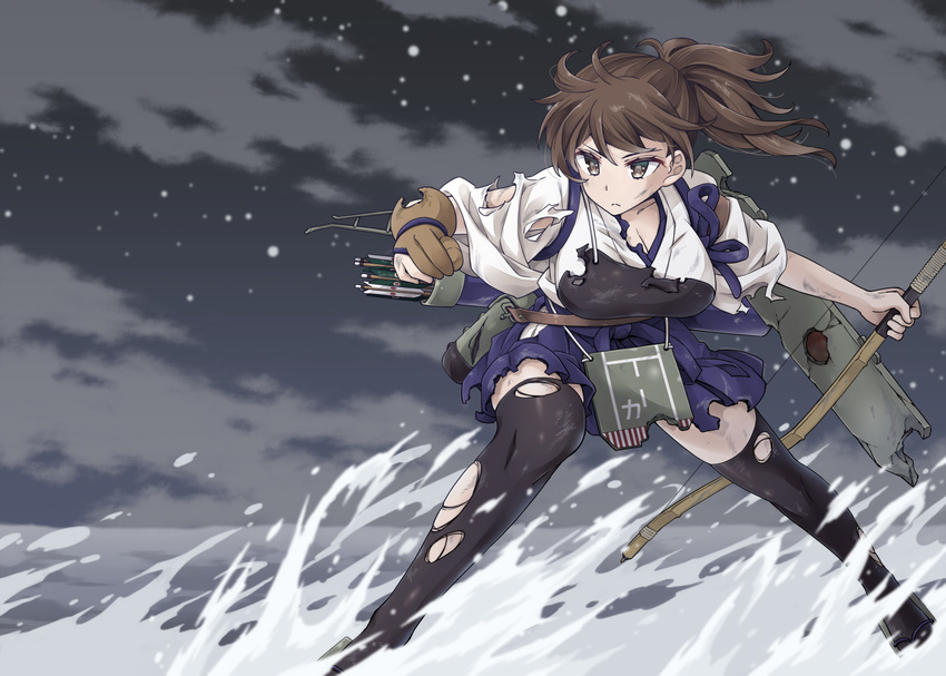 >:( arrow_(projectile) black_thighhighs bow_(weapon) breasts brown_eyes brown_hair cleavage cloud cloudy_sky commentary_request female flight_deck frown hakama hakama_short_skirt hakama_skirt holding horizon japanese_clothes kaga_(kancolle) kantai_collection large_breasts leaning_forward long_hair machinery meme muneate night night_sky ocean pleated_skirt rigging side_ponytail skirt sky solo tasuki thighhighs torn_clothes v-shaped_eyebrows waterskiing_(meme) weapon wind yukiharu zettai_ryouiki