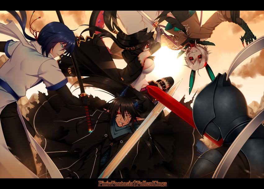 black_hair blue_hair borrowed_character commentary_request konshin letterboxed long_hair multiple_boys multiple_girls orie_jinku orie_mishiro pixiv_fantasia pixiv_fantasia_fallen_kings red_eyes short_hair weapon white_hair