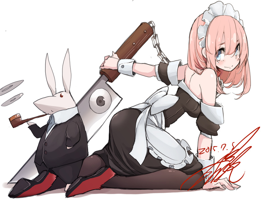 animal black_legwear blue_eyes chains clothed_animal collar commentary_request dated female formal knife looking_at_viewer maid maid_headdress original photoshop_(medium) pink_hair rabbit signature smile smoke smoking_pipe suit takagi_(tansuke) tansuke wrist_cuffs