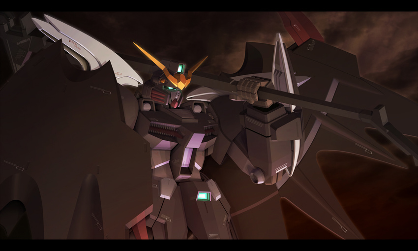 cloud cloudy_sky glowing glowing_eyes green_eyes gundam gundam_deathscythe_hell gundam_deathscythe_hell_custom gundam_wing gundam_wing_endless_waltz mecha no_humans outdoors over_shoulder reigan sky solo weapon weapon_over_shoulder