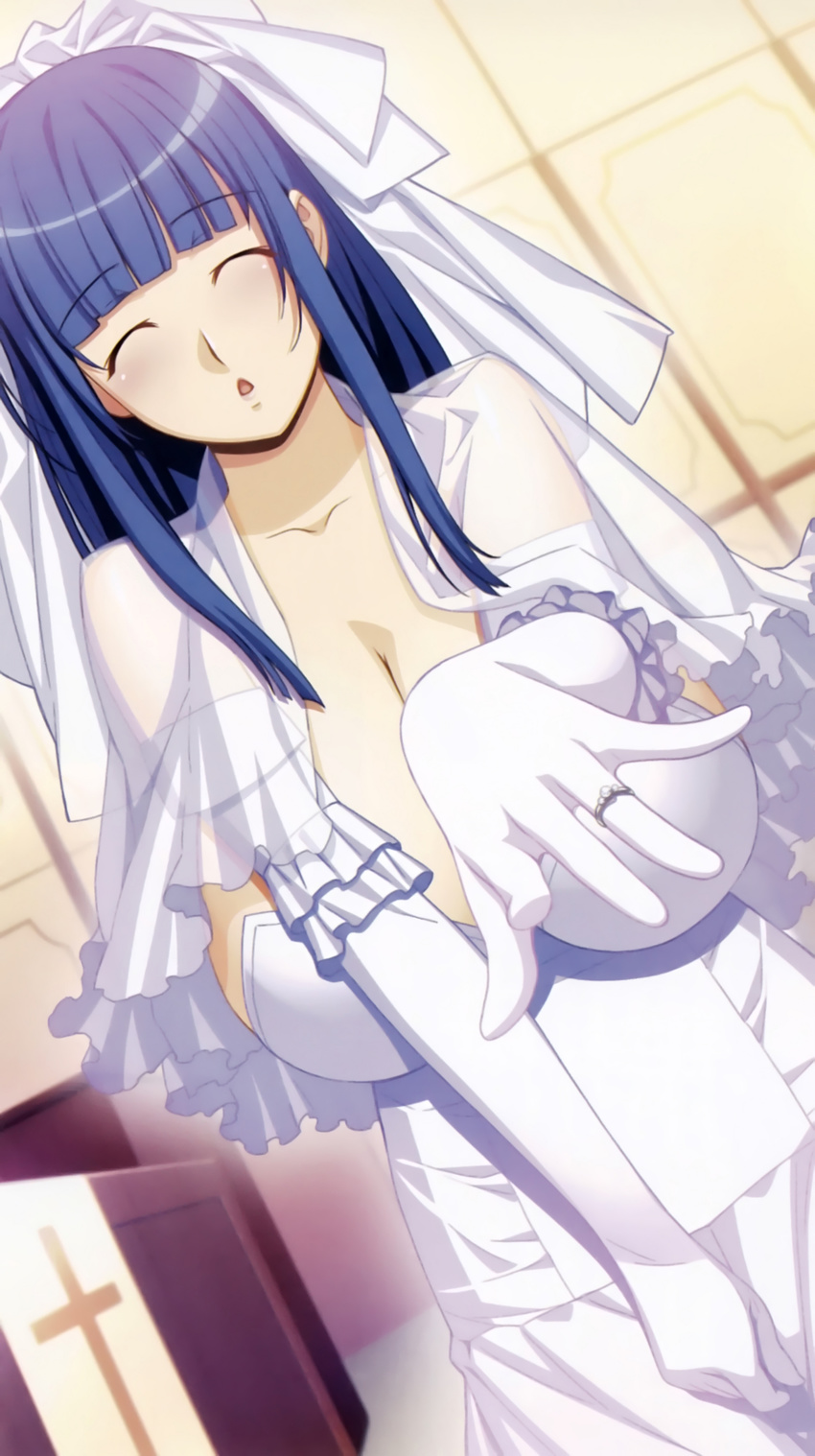 :< blue_hair breasts bridal_veil cleavage closed_eyes dress female fuutou_shizune highres hime_cut huge_breasts ino_(magloid) jewelry kareshi_inai_reki_=_nenrei long_hair ornate_ring parody ring smile solo veil wedding_dress wedding_ring