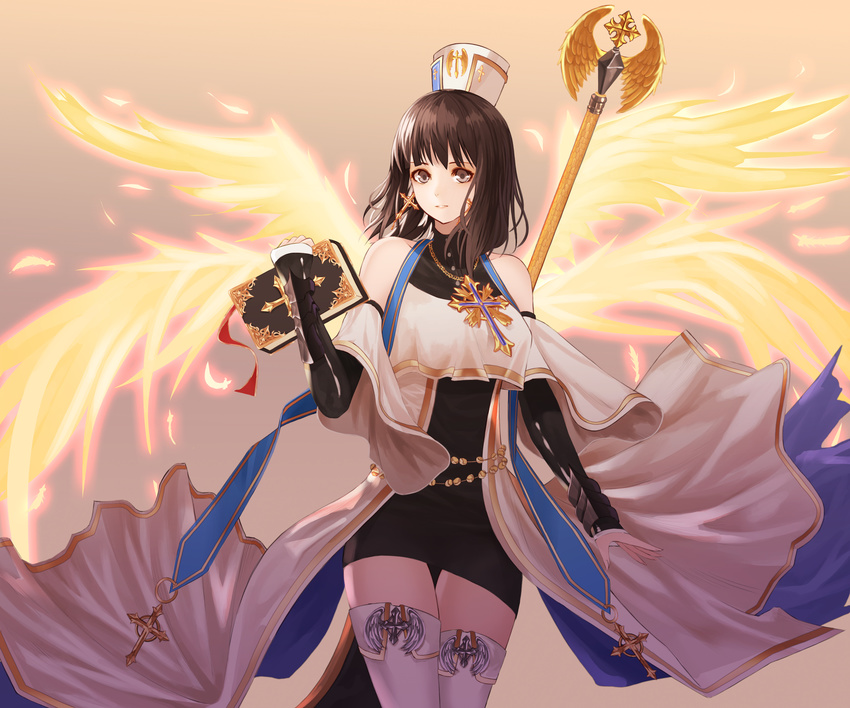 absurdres angel_wings black_skirt book brown_eyes brown_hair commentary_request crosier cross cross_necklace detached_sleeves dress dungeon_and_fighter earrings female female_crusader_(dungeon_and_fighter) female_priest_(dungeon_and_fighter) hat highres jewelry korean_commentary long_sleeves looking_at_viewer necklace pencil_skirt photoshop_(medium) priestess skirt staff standing thighhighs white_dress white_hat white_legwear wings yagyun