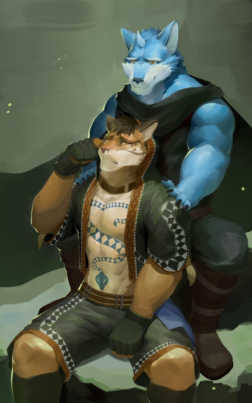 2018 abs anthro biceps bodily_fluids clothed clothing clouded_leopard countershading crying digital_media_(artwork) duo felid fur hi_res hoodie likulau male mammal muscular muscular_male nekojishi pantherine pecs sad simple_background spots studio_klondike tattoo tears topwear wball