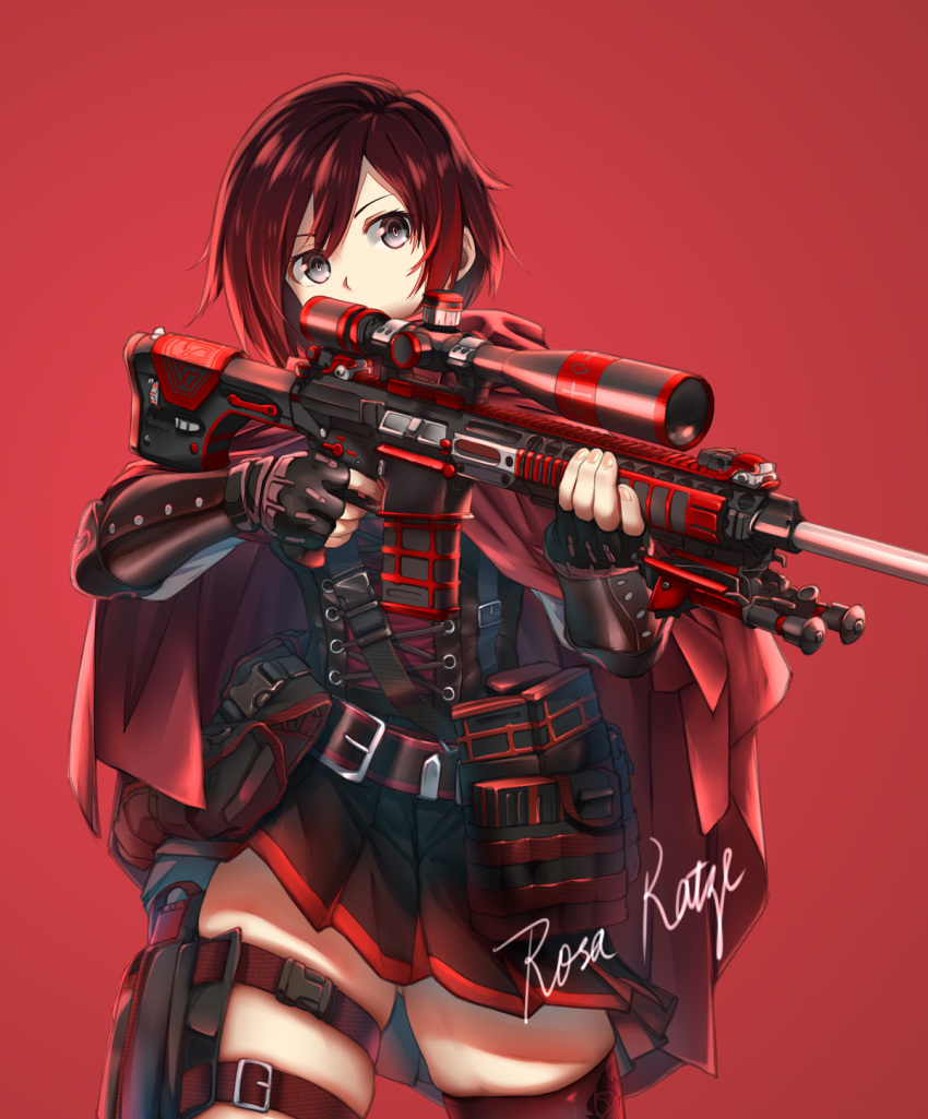 aiming ar-10 battle_rifle belt bipod black_hair cloak commentary female finger_on_trigger fingerless_gloves gloves grey_eyes gun highres pouch red_hair rifle rosa_katze ruby_rose rwby scope short_hair skindentation skirt sniper_rifle thick_thighs thigh_strap thighhighs thighs unworn_cloak weapon