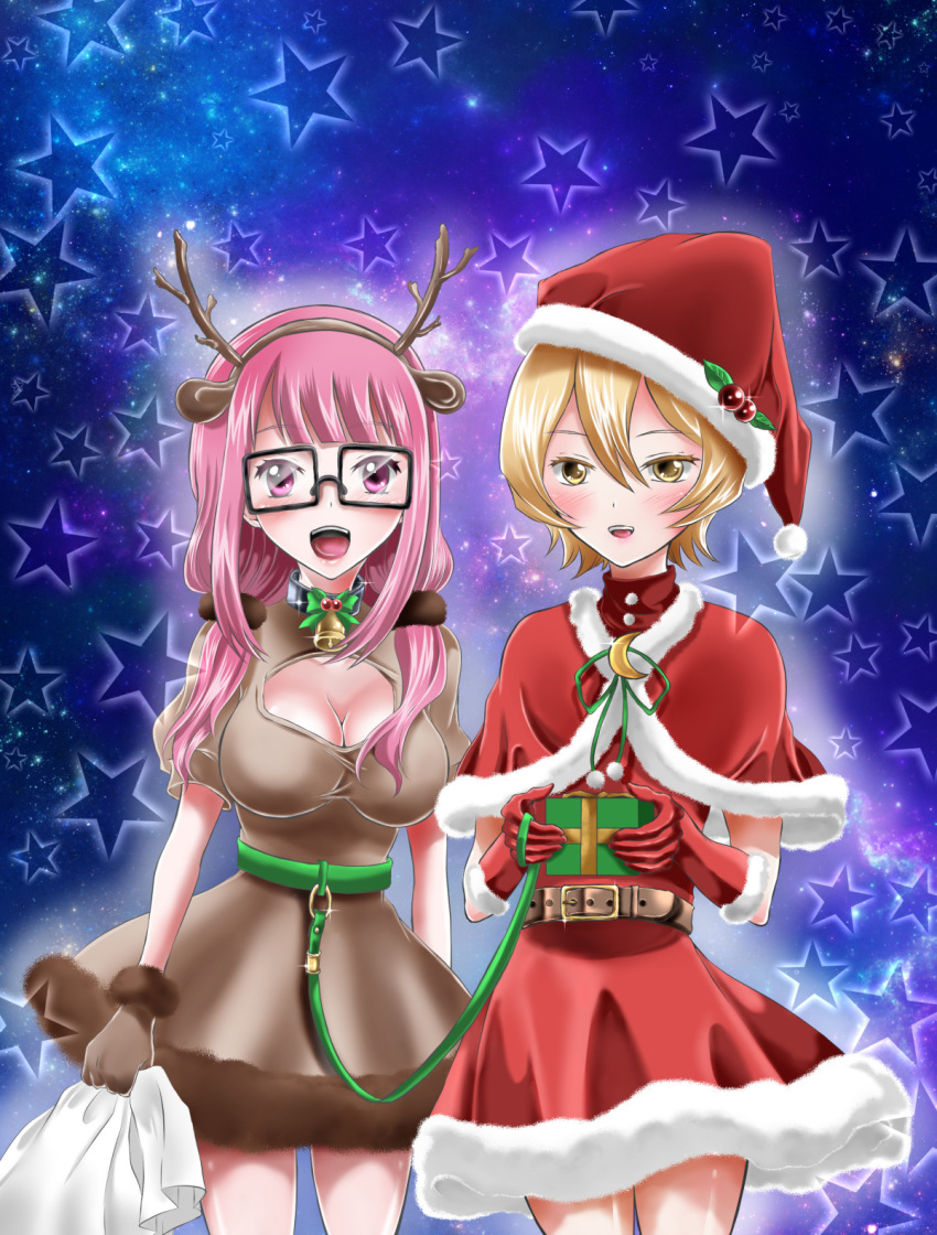 2girls animal_costume animal_ears antlers bell blonde_hair blush breasts christmas christmas_present cleavage collar deer_ears dress gift glasses hat highres horns large_breasts leash looking_at_viewer mahou_shoujo_site multiple_girls neck_bell open_mouth pink_eyes pink_hair reindeer_antlers reindeer_costume sack santa_costume santa_hat shiny_clothes shiny_skin shioi_rina short_hair star_(symbol) starry_background tominaga_eiki twintails yatsumura_tsuyuno yellow_eyes