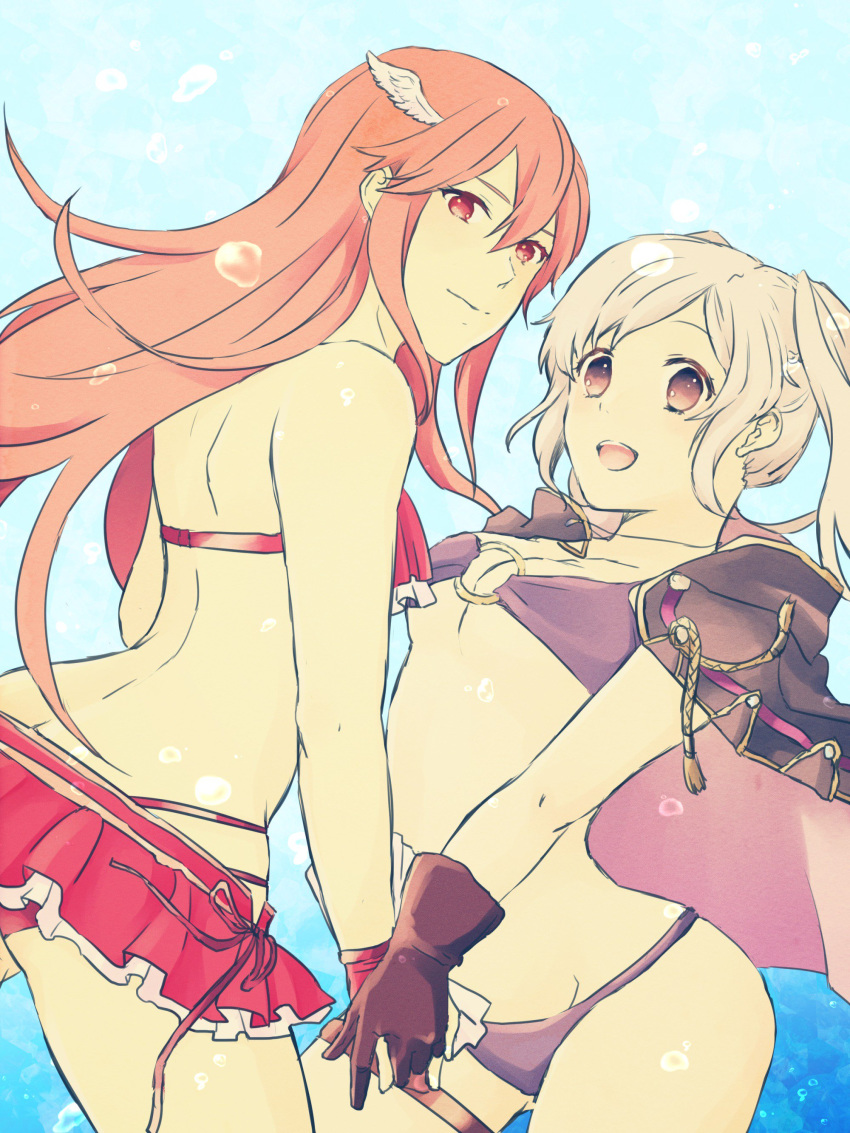 2girls absurdres armor ass bikini blush breasts commentary_request cordelia_(fire_emblem) cordelia_(summer)_(fire_emblem) fire_emblem fire_emblem_awakening fire_emblem_heroes hair_ornament highres long_hair looking_at_viewer multiple_girls navel nishimura_(shinchinagachi) protected_link red_eyes red_hair robe robin_(female)_(fire_emblem) robin_(female)_(summer)_(fire_emblem) robin_(fire_emblem) smile swimsuit very_long_hair